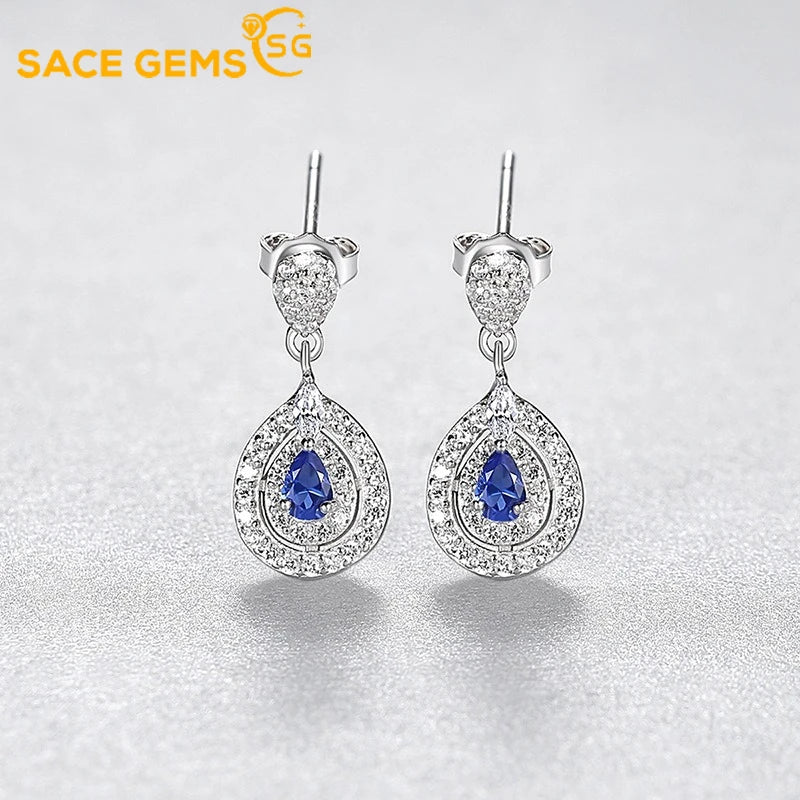 Vintage Sapphire Stud Earrings 925 Silver Zircon Party Jewelry