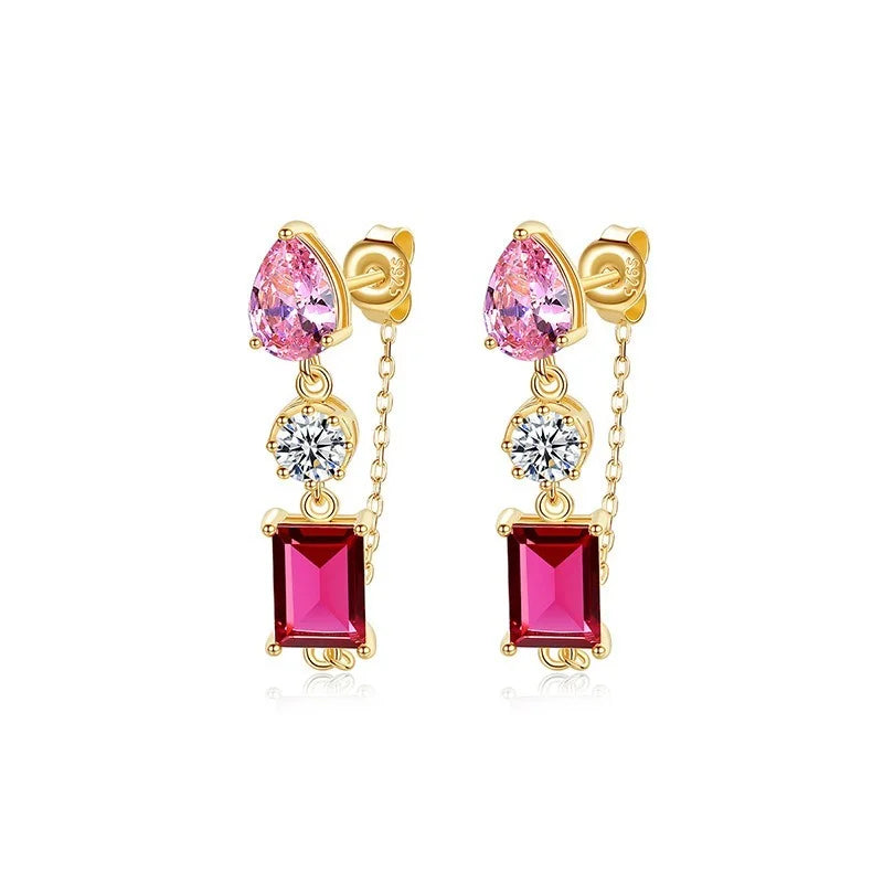 925 Sterling Silver Red Zircon Stud Earrings Wedding Party Fine Jewelry