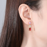 925 Sterling Silver Red Zircon Stud Earrings Wedding Party Fine Jewelry