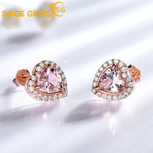 S925 Silver Heart-shaped Diamond Ear Stud Pink Gem Earrings