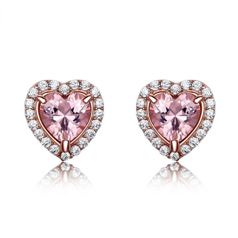 S925 Silver Heart-shaped Diamond Ear Stud Pink Gem Earrings