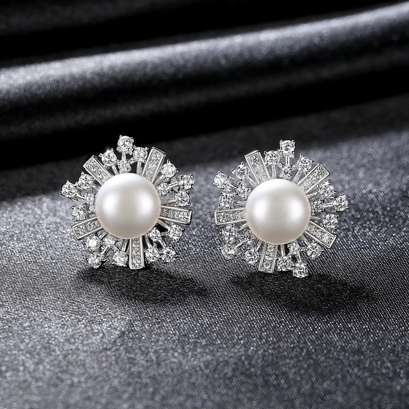 Sterling Silver Pearl Flower Earrings Gift