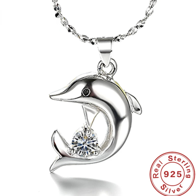 925 Silver Dolphin Zircon Pendant Necklace For Women