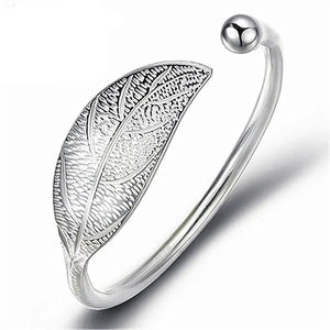 925 Silver Leaf Cuff Bracelet Adjustable Charm Bangle for Women