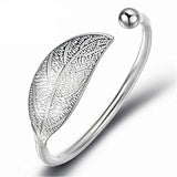 925 Silver Leaf Cuff Bracelet Adjustable Charm Bangle for Women