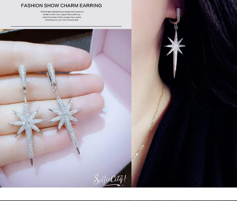 925 Silver Europe Star Crystal CZ Woman Tassel Earrings