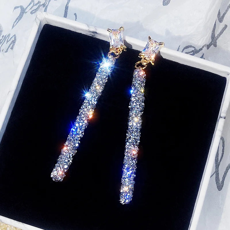 925 Silver Needle Long Crystal Earrings Austrian Wedding Jewelry