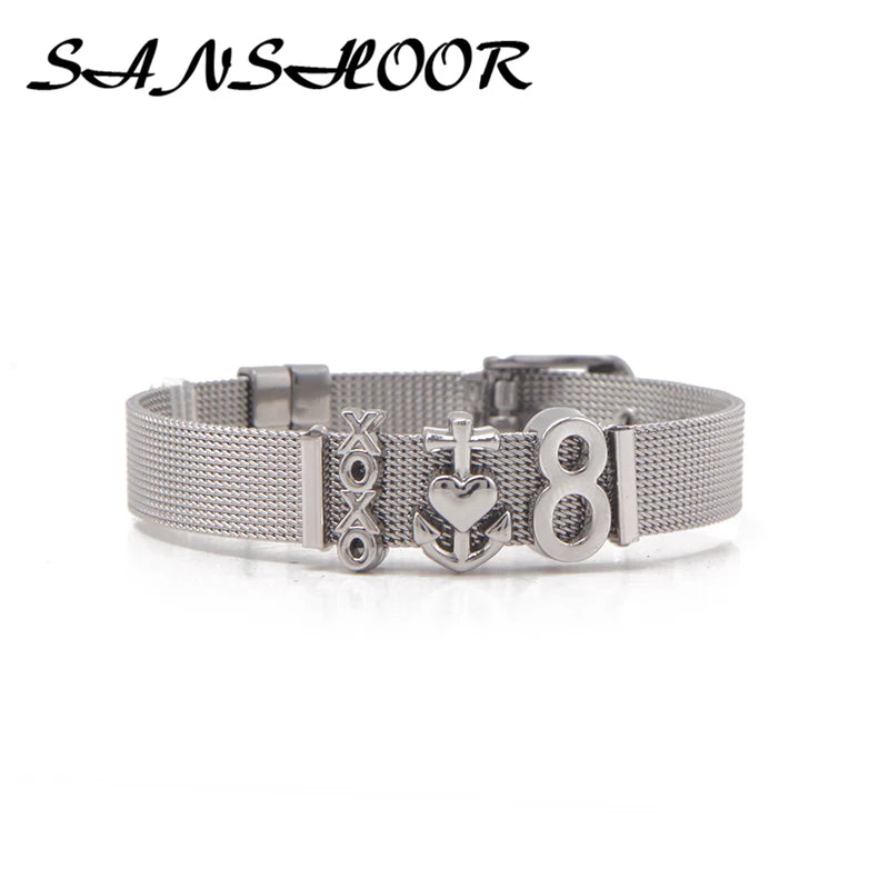 Stainless Steel Mesh Bracelet Set With Rubber Blocker & Slide Charms