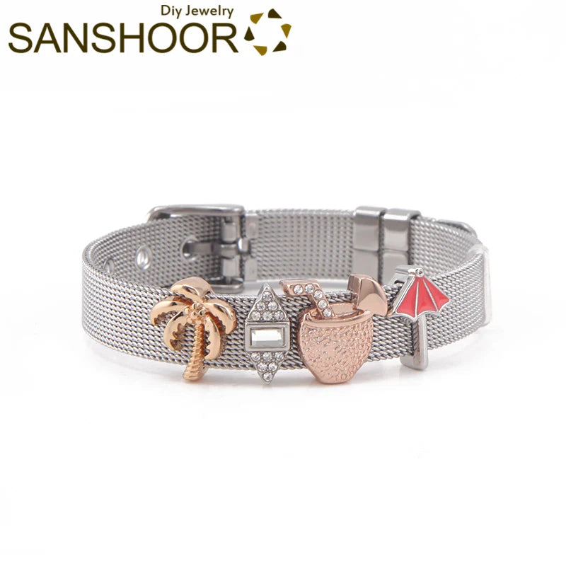 Summer Holiday Bracelet Set with Charms and Mesh Bangle