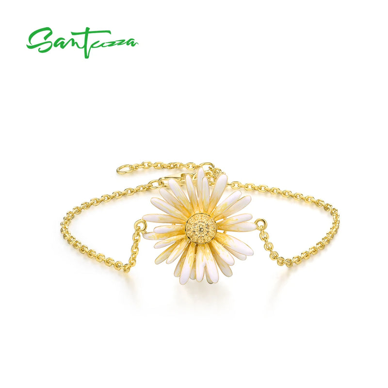 925 Sterling Silver Bracelet Yellow Daisy Flower Fine Jewelry