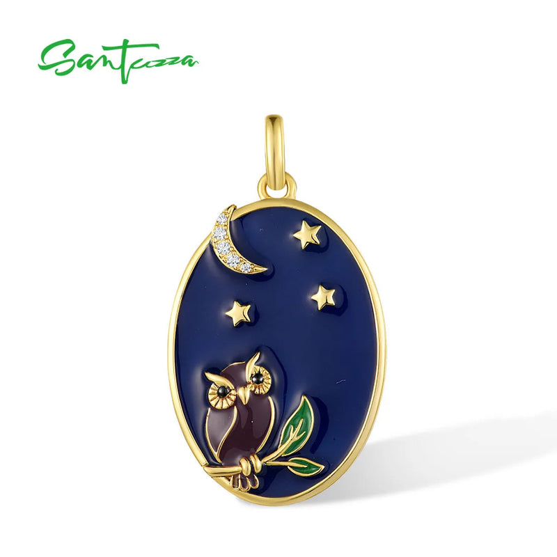 925 Silver Pendant Cubic Zirconia Owl Star Moon Enamel Jewelry