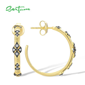 925 Silver Big Hoop Earrings Sparkling Zircons Yellow Plating Fine Jewelry