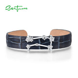925 Silver Bracelet Bangle Women Adjustable Leather Gemini Constellation