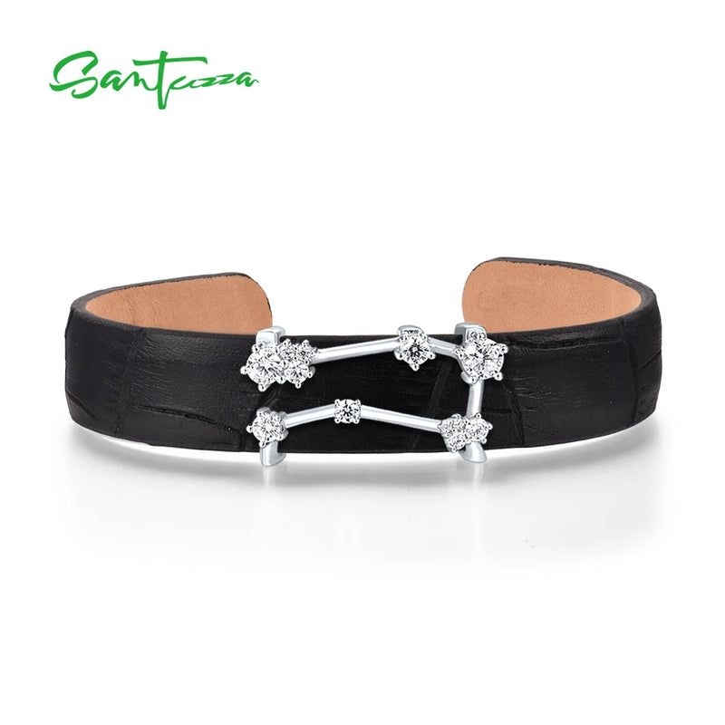 925 Silver Bracelet Bangle Women Adjustable Leather Gemini Constellation