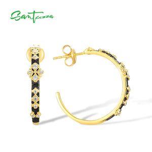 925 Silver Circle Hoop Earrings Zircons Yellow Plating