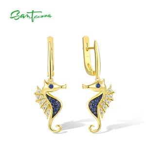 925 Silver Sea Horse Dangle Earrings Nano CZ Party Jewelry