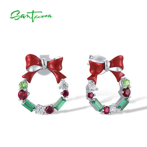 925 Silver Earrings Green Red Stones Christmas Wreath Bow Party Jewelry