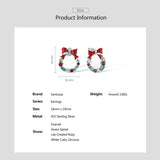 925 Silver Earrings Green Red Stones Christmas Wreath Bow Party Jewelry