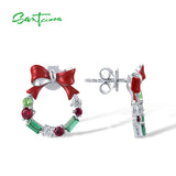 925 Silver Earrings Green Red Stones Christmas Wreath Bow Party Jewelry