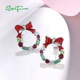 925 Silver Earrings Green Red Stones Christmas Wreath Bow Party Jewelry