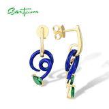 925 Silver Earrings Green Stones Enamel Asymmetric Curved Line Jewelry