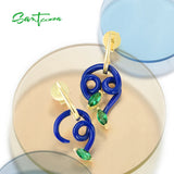 925 Silver Earrings Green Stones Enamel Asymmetric Curved Line Jewelry