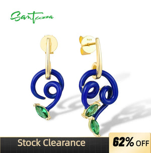 925 Silver Earrings Green Stones Enamel Asymmetric Curved Line Jewelry