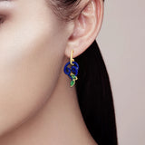 925 Silver Earrings Green Stones Enamel Asymmetric Curved Line Jewelry