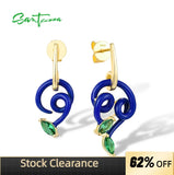 925 Silver Earrings Green Stones Enamel Asymmetric Curved Line Jewelry