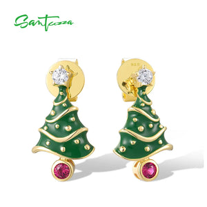 925 Silver Red CZ Christmas Tree Earrings