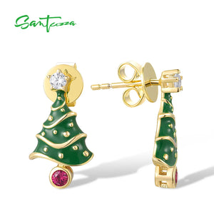925 Silver Red CZ Christmas Tree Earrings