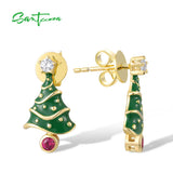 925 Silver Red CZ Christmas Tree Earrings