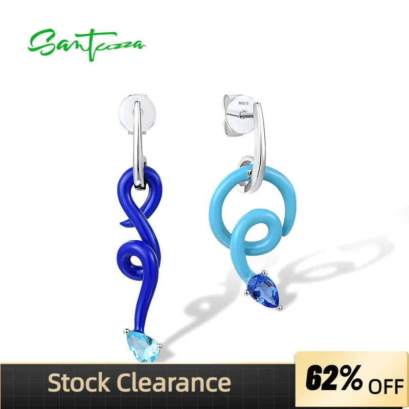 925 Silver Earrings Sky Stones Enamel Asymmetric Curved Line Jewelry