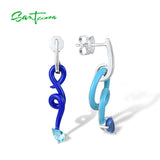 925 Silver Earrings Sky Stones Enamel Asymmetric Curved Line Jewelry