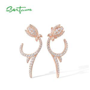 925 Silver Earrings CZ Tulip Flower Rose Plated Fine Jewelry