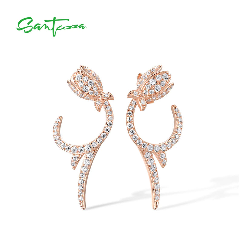 925 Silver Earrings CZ Tulip Flower Rose Plated Fine Jewelry
