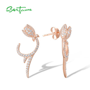 925 Silver Earrings CZ Tulip Flower Rose Plated Fine Jewelry