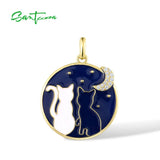 925 Silver Cat & Moon Pendant CZ Enamel