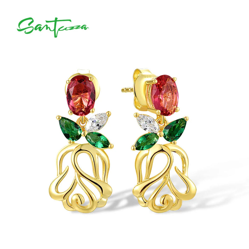 925 Silver Flower Earrings Red Green CZ Stones Dangle Studs