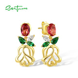 925 Silver Flower Earrings Red Green CZ Stones Dangle Studs