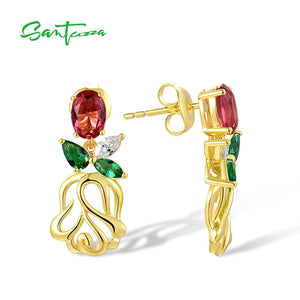 925 Silver Flower Earrings Red Green CZ Stones Dangle Studs