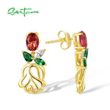 925 Silver Flower Earrings Red Green CZ Stones Dangle Studs