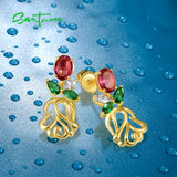 925 Silver Flower Earrings Red Green CZ Stones Dangle Studs