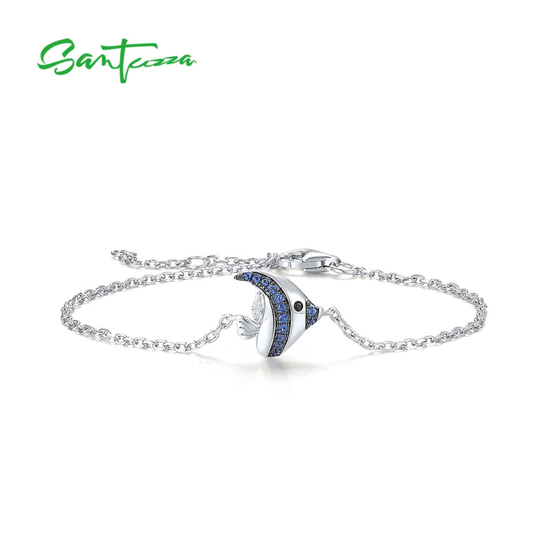 925 Silver Bracelet Sparkling CZ Lovely Fish Adjustable Jewelry