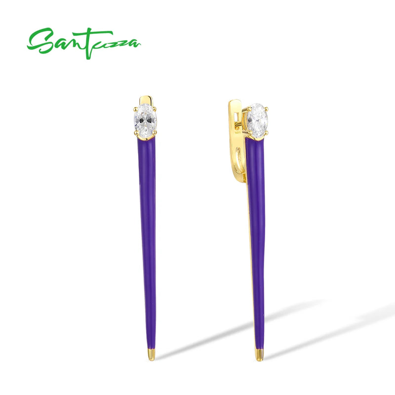 925 Silver Drop Earrings Purple CZ Enamel Jewelry