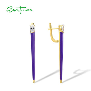 925 Silver Drop Earrings Purple CZ Enamel Jewelry