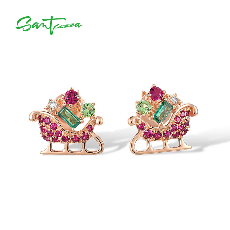 925 Silver Earrings Green Red Stones Christmas Sleigh Fine Jewelry