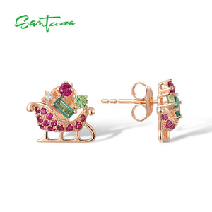 925 Silver Earrings Green Red Stones Christmas Sleigh Fine Jewelry