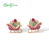 925 Silver Earrings Green Red Stones Christmas Sleigh Fine Jewelry