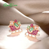 925 Silver Earrings Green Red Stones Christmas Sleigh Fine Jewelry
